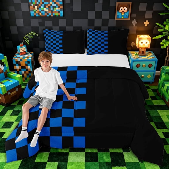 Meiyoeat Checkerboard Pattern Queen Comforter Set 3 Pieces for Adults, Classic Chess Print Comforter Sets Queen, Blue Black