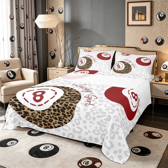 Meiyoeat Cheetah Print Billiards Snooker Queen Sheets 4 Pieces, Vintage Lucky 8 Ball Queen Sheet Sets for Bedroom, Red Brown White