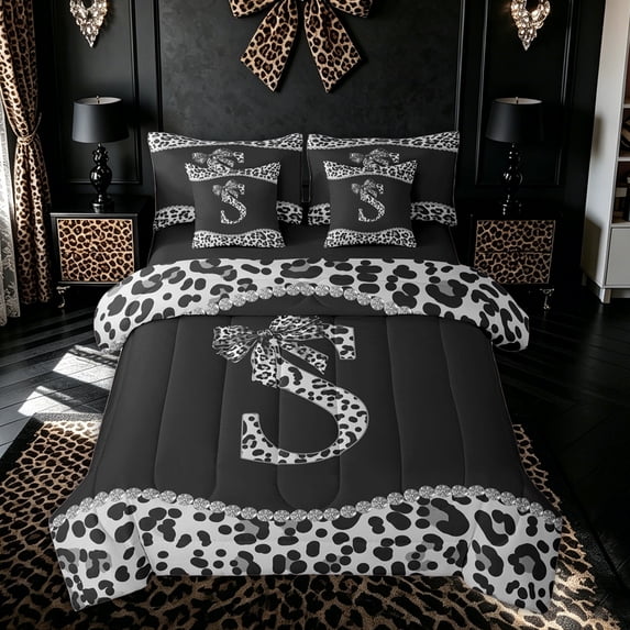 Meiyoeat Cheetah Print Bow S Letter Full Size Bedding Sets for Women Girls, Bling Diamond Full Size Bed in a Bag, Black White, Black Reversible, 7pcs