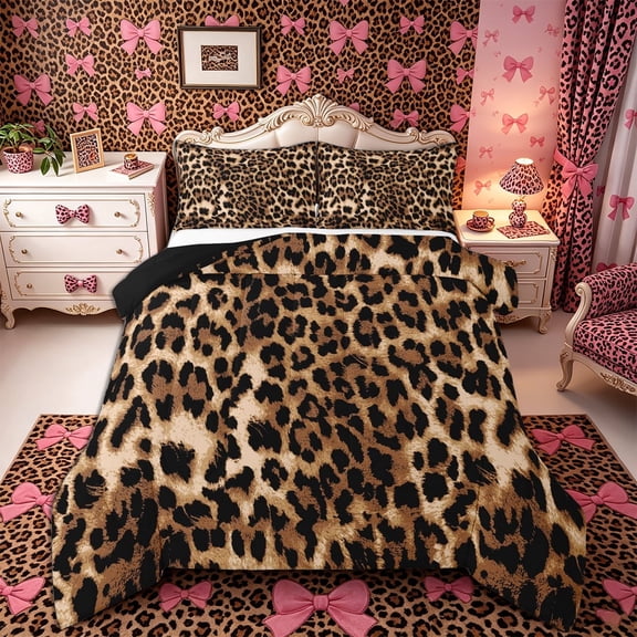 Meiyoeat Classic Cheetah Print Queen Comforter Set 3 Pieces, Wildlife Leopard Spot Pattern Comforter Sets Queen, Brown Black,Black Reversible