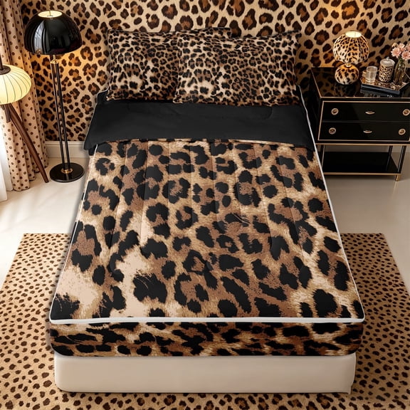 Meiyoeat Classic Cheetah Print Zipper Twin Comforter Sets with Fitted Sheet and 2 Pillowcases, Wildlife Leopard Spot Pattern Zipper Bedding Set, Brown Black,4-Piece,Black Reversible