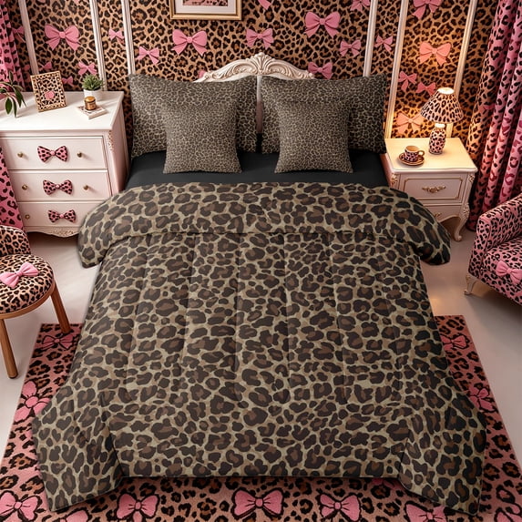 Meiyoeat Classic Leopard Print 7-Piece Twin Bedding,Wild Animal Spot Pattern Bedding Comforter Set,Brown Black