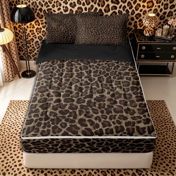 Meiyoeat Classic Leopard Print Zipper Full Size Comforter Sets with Fitted Sheet and 2 Pillowcases, Wild Animal Spot Pattern Zipper Bedding Set, Brown Black,4pcs,Black Reversible