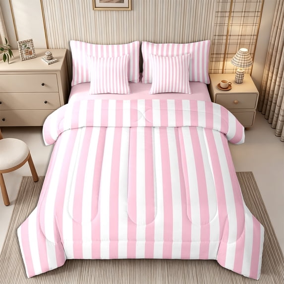 Meiyoeat Classic Vertical Stripe King Size Bedding 7pcs for Girls, Minimalist Linear Print King Bed in a Bag, Pink White,Pink Reversible