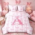 thumbnail image 1 of Meiyoeat Coquette Bow Letter A Bedding Comforter Set 7 Pieces for Girls Kids, Preppy Stripe Full Bedding Set for Nursery, Light Pink White,Pink Reversible, 1 of 6