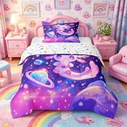 Meiyoeat Cosmic Kawaii Axolotl Twin Comforter Sets 2pcs, Whimsical Galaxy Planet Pattern Bedding Set, Purple Pink