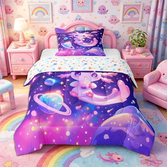 Meiyoeat Cosmic Kawaii Axolotl Twin Comforter Sets 2pcs, Whimsical Galaxy Planet Pattern Bedding Set, Purple Pink