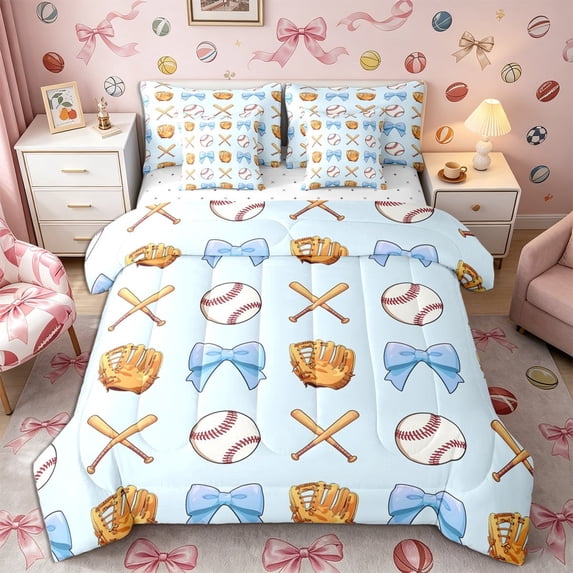 Meiyoeat Cute Baseball Bow Queen Bedding 7pcs, Sport Glove Print Bedding Comforter Set Queen for Bedroom, Blue White