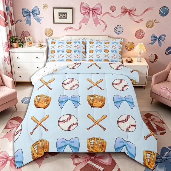 Meiyoeat Cute Baseball Bow Queen Comforter Set 3 Pieces, Sport Glove Print Comforter Sets Queen for Bedroom,Blue White