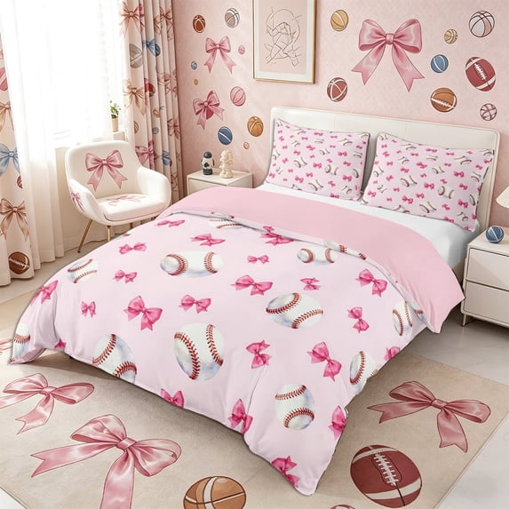 Meiyoeat Cute Baseball Duvet Cover King, Pink Bow Print King Bedding for Bedroom,Pink Reversible,3 Pieces,No Comforter