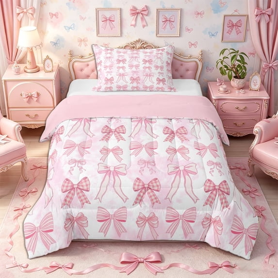 Meiyoeat Cute Bow Print Twin Comforter Sets 2pcs, Watercolor Gingham Pattern Bedding Set, Pink White,Pink Reversible