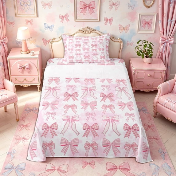 Meiyoeat Cute Bow Print Twin Sheets 3pcs, Watercolor Gingham Pattern Bedding, Pink White
