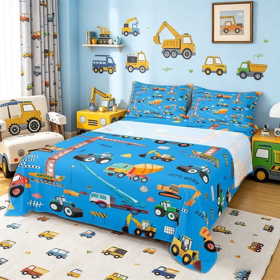 Meiyoeat Cute Car Bed Sheets 4-Piece, Construction Vehicles Full Size Sheets, Blue Multi