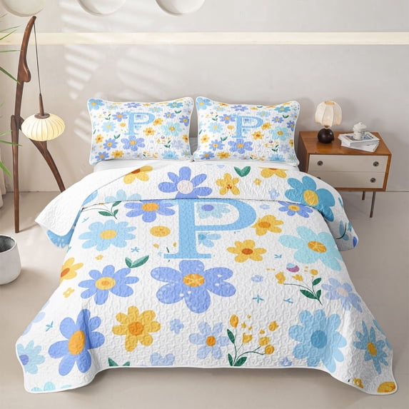 Meiyoeat Cute Daisy Letter P Quilt Full for Girls,Floral Initial Full Bedspread Sets,Light Blue Yellow White
