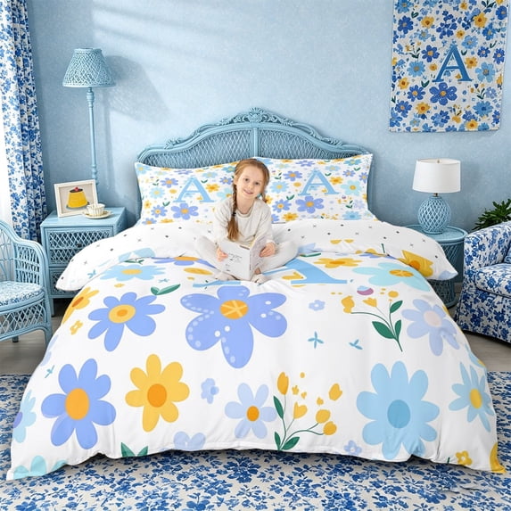 Meiyoeat Cute Floral Letter A Duvet Cover Set for Girls Kids, Fresh Daisy Bedding Full for Nursery, Light Blue Yellow White,3pcs,No Comforter