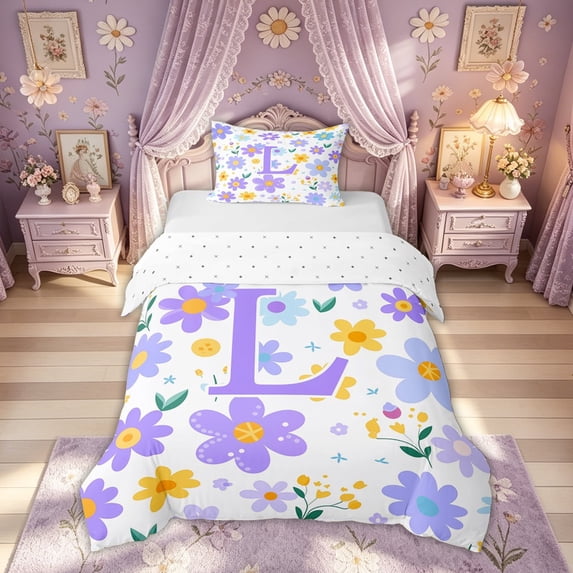 Meiyoeat Cute Floral Letter L Twin Bedding for Girls Kids, Cartoon Daisy Groovy Duvet Cover Set, Purple, Reversible, 1 Duvet Cover and 1 Pillowcase (No Comforter)