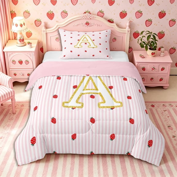 Meiyoeat Cute Gold Letter A Twin Comforter Sets 2pcs for Girls, Strawberry Stripe Print Bedding Set, Pink Red,Pink Reversible