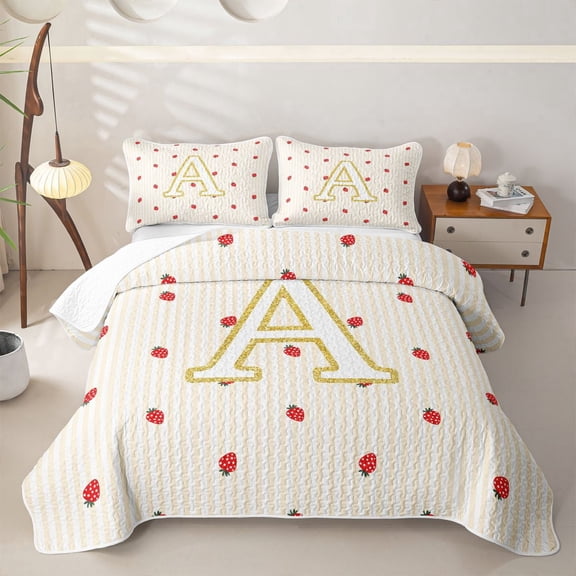 Meiyoeat Cute Gold Letter A Twin Quilt Set,Strawberry Stripe Print Twin Coverlet Set,Beige Red