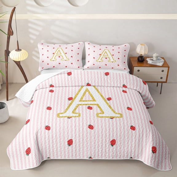 Meiyoeat Cute Gold Letter A Twin Quilt Set,Strawberry Stripe Print Twin Coverlet Set,Pink Red