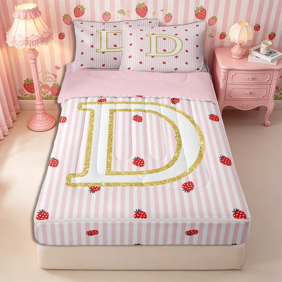 Meiyoeat Cute Gold Letter D Zipper Full Size Comforter Sets with Fitted Sheet and 2 Pillowcases, Strawberry Stripe Print Zipper Bedding Set, Pink Red,4pcs,Pink Reversible