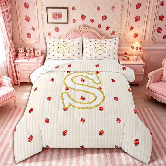 Meiyoeat Cute Gold Letter S Full Size Comforter Sets 3-Piece, Strawberry Stripe Print Bedding Comforter Set, Beige Red