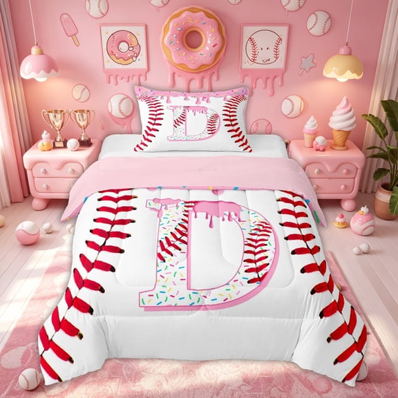 Meiyoeat Cute Ice Cream Baseball Twin Comforter Sets for Kids Girls Kids, Cartoon D Letter Bedding Set, Pink Red, Pink Reversible, 2 Pieces