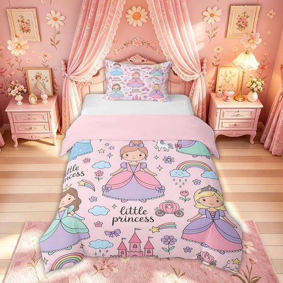 Meiyoeat Cute Princess Castle Rainbow Twin Bedding for Kids Girls, Girly Pink Cartoon Duvet Cover Set, Pink Reversible, 1 Duvet Cover and 1 Pillowcase (No Comforter)