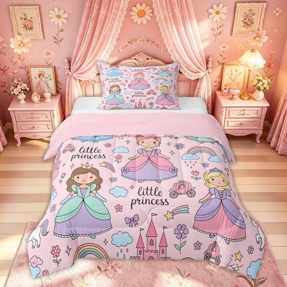 Meiyoeat Cute Princess Castle Rainbow Twin Comforter Sets for Kids Girls, Girly Pink Cartoon Bedding Set, Pink Reversible, 2 Pieces