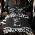 thumbnail image 1 of Meiyoeat Cute Sequin Cheetah Print Bow Bedding Comforter Set for Girls Adults, Black White Initial E Letter Queen Bedding Sets, Black Reversible, 7-Piece, 1 of 6