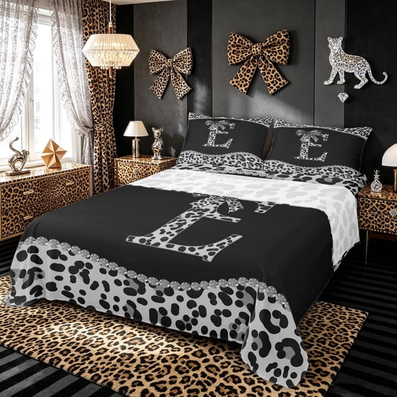Meiyoeat Cute Sequin Cheetah Print Bow Queen Sheet Sets for Girls Adults, Black White Initial E Letter Bedding, 4-Piece