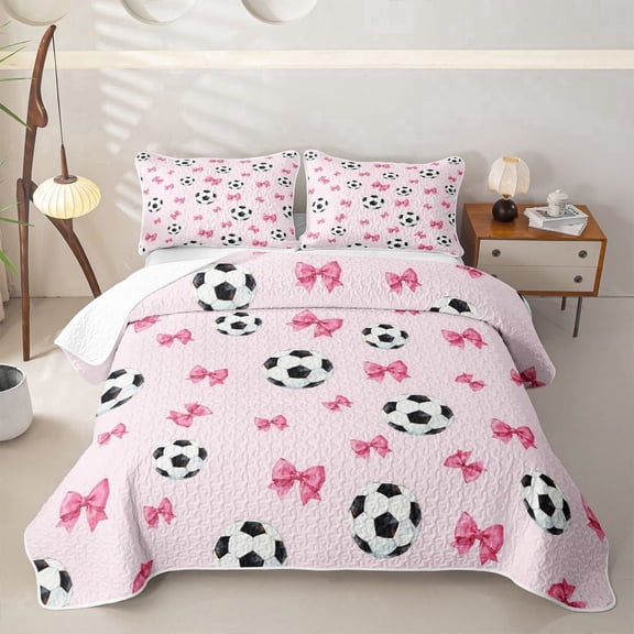 Meiyoeat Cute Soccer Ball Bed Spread Queen,Pink Bow Print Queen Coverlet Set for Bedroom