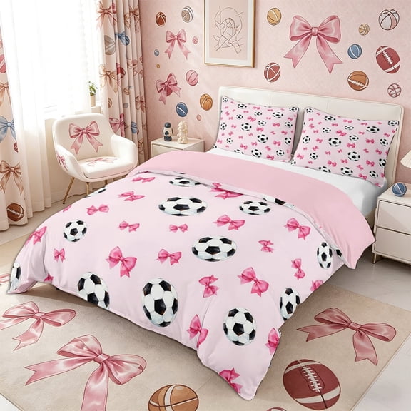 Meiyoeat Cute Soccer Ball Duvet Cover Queen, Pink Bow Print Queen Bedding for Bedroom,Pink Reversible,3-Piece,No Comforter