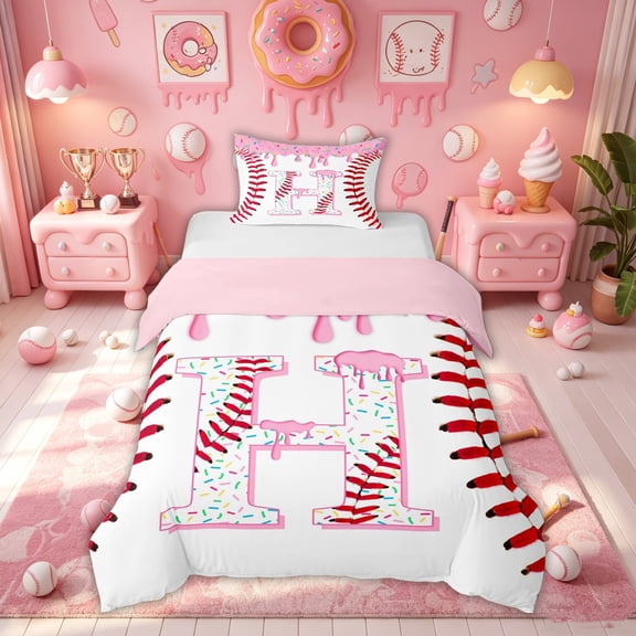 Meiyoeat Cute Sprinkle Baseball Twin Bedding for Boys Girls Kids, Ice Cream Monogram H Duvet Cover Set, Pink Red, Pink Reversible, 1 Duvet Cover and 1 Pillowcase (No Comforter)