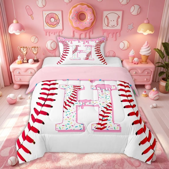 Meiyoeat Cute Sprinkle Baseball Twin Comforter Sets for Boys Girls Kids, Ice Cream Monogram H Bedding Set, Pink Red, Pink Reversible, 2-Piece