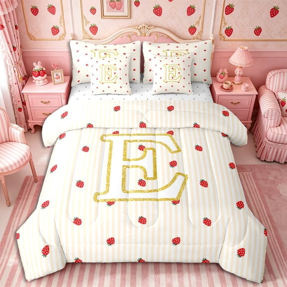 Meiyoeat Cute Strawberry Initial E Full Size Bedding Sets 7 Pieces for Girls, Gold Stripe Print Full Size Bed in a Bag for Bedroom
