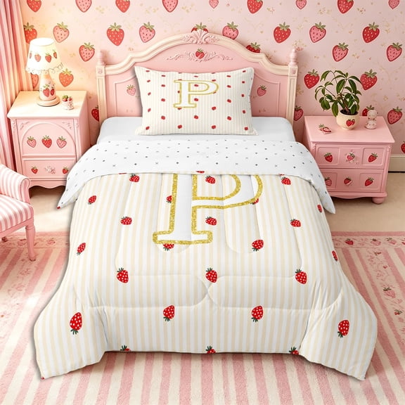 Meiyoeat Cute Strawberry Initial P Twin Comforter Sets 2pcs, Gold Stripe Print Bedding Set for Bedroom
