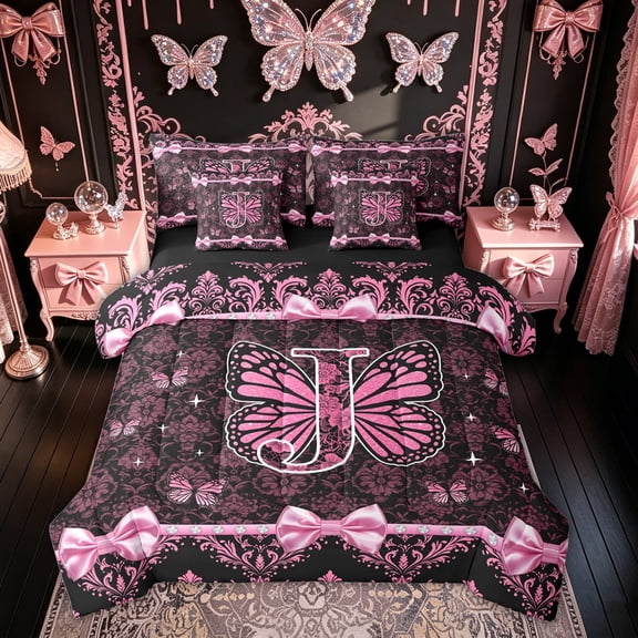 Meiyoeat Damask Bow Letter J Bedding Comforter Set for Women Girls, Pink Black Butterfly Wing Alphabet King Bedding Sets, Black Reversible, 7-Piece