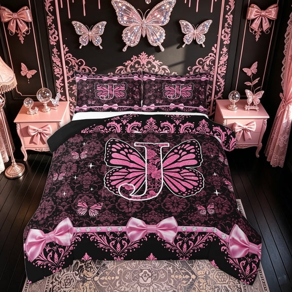 Meiyoeat Damask Bow Letter J Queen Comforter Set for Women Girls, Pink Black Butterfly Wing Alphabet Bedding Comforter Set, Black Reversible, 3-Piece