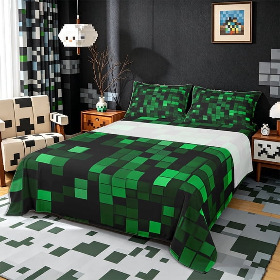 Meiyoeat Dark Grid Pattern King Sheets 4pcs for Teens, Modern Glow Block Print Bedding for Bedroom, Green Black