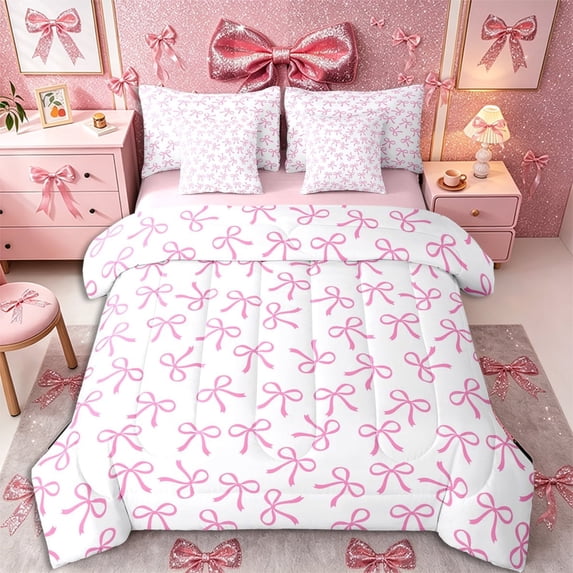 Meiyoeat Delicate Pink Bow Full Size Bedding Sets 7 Pieces, Dreamy Princess Full Size Bed in a Bag,Pink Reversible
