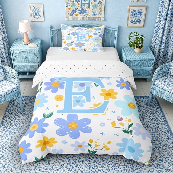Meiyoeat Delicate Wildflower Letter E Twin Bedding for Girls Children, Cute Art Duvet Cover Set for Bedroom, Light Blue Yellow White,2pcs,No Comforter