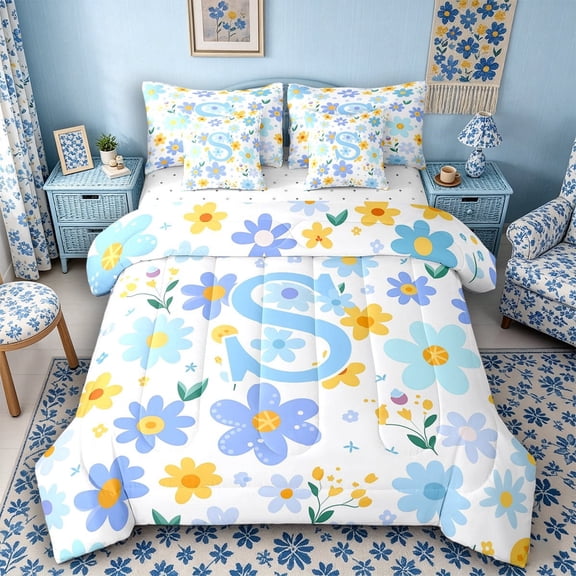 Meiyoeat Delicate Wildflower Letter S Twin Bedding Sets 7-Piece for Girls Children, Cute Art Bedding Comforter Set for Bedroom, Light Blue Yellow White