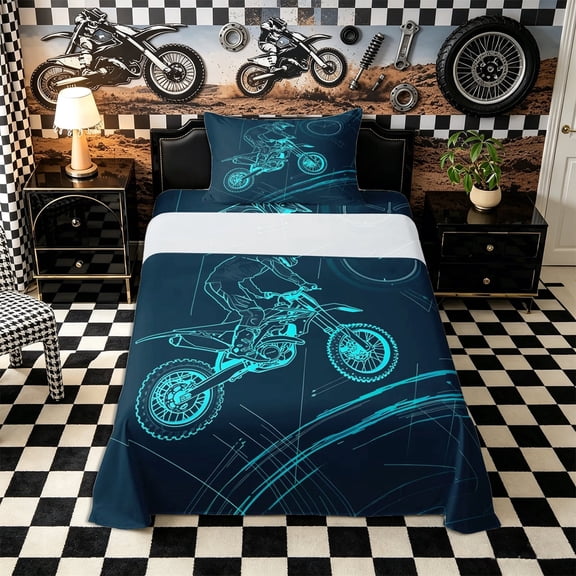 Meiyoeat Dirt Bike Twin Sheets 3pcs, Extreme Sport Bedding for Bedroom, Black Blue