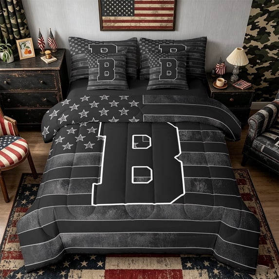 Meiyoeat Distressed US Flag Letter B Bedding Comforter Set 7pcs for Men Teens, Bold Initial Queen Bedding Sets, Black Gray White,Black Reversible