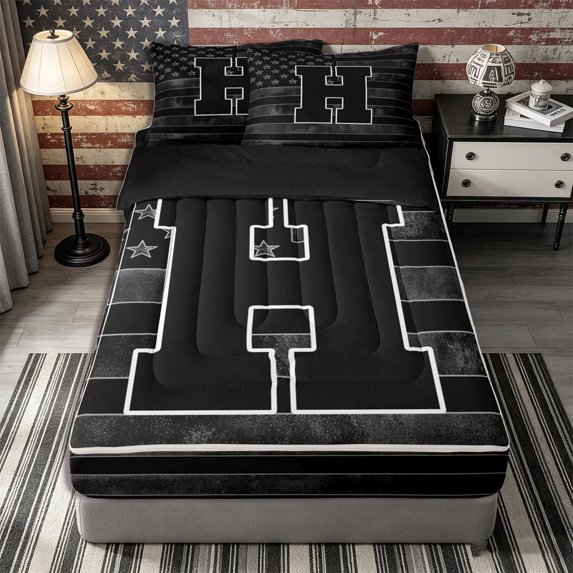Meiyoeat Distressed US Flag Letter H Zipper Twin Comforter Sets with Fitted Sheet and 2 Pillowcases for Men Kids, Bold Monogram Zipper Bedding Set, Black Gray White,4-Piece,Black Reversible