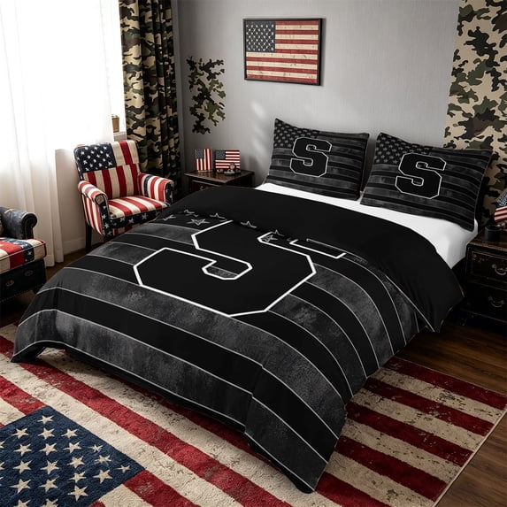 Meiyoeat Distressed US Flag Letter S King Duvet Cover Set for Men Youth, Patriotic Print Bedding, Black Gray White,Black Reversible,3 Pieces,No Comforter