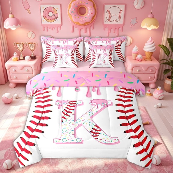 Meiyoeat Donut Baseball K Letter Bedding Comforter Set for Kids Girls, Cartoon Ice Cream Drip Full Bedding Set, Pink, Pink Reversible, 7pcs