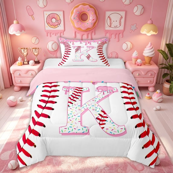 Meiyoeat Donut Baseball K Letter Twin Comforter Sets for Kids Girls, Cartoon Ice Cream Drip Bedding Set, Pink, Pink Reversible, 2pcs