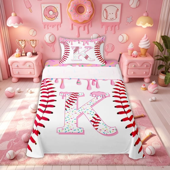 Meiyoeat Donut Baseball K Letter Twin Sheet Sets for Kids Girls, Cartoon Ice Cream Drip Bedding, Pink, 3pcs