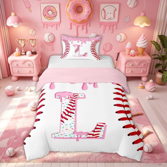 Meiyoeat Donut Initial L Letter Twin Bedding for Girls Kids, Ice Cream Baseball Sport Duvet Cover Set, Pink, Pink Reversible, 1 Duvet Cover and 1 Pillowcase (No Comforter)